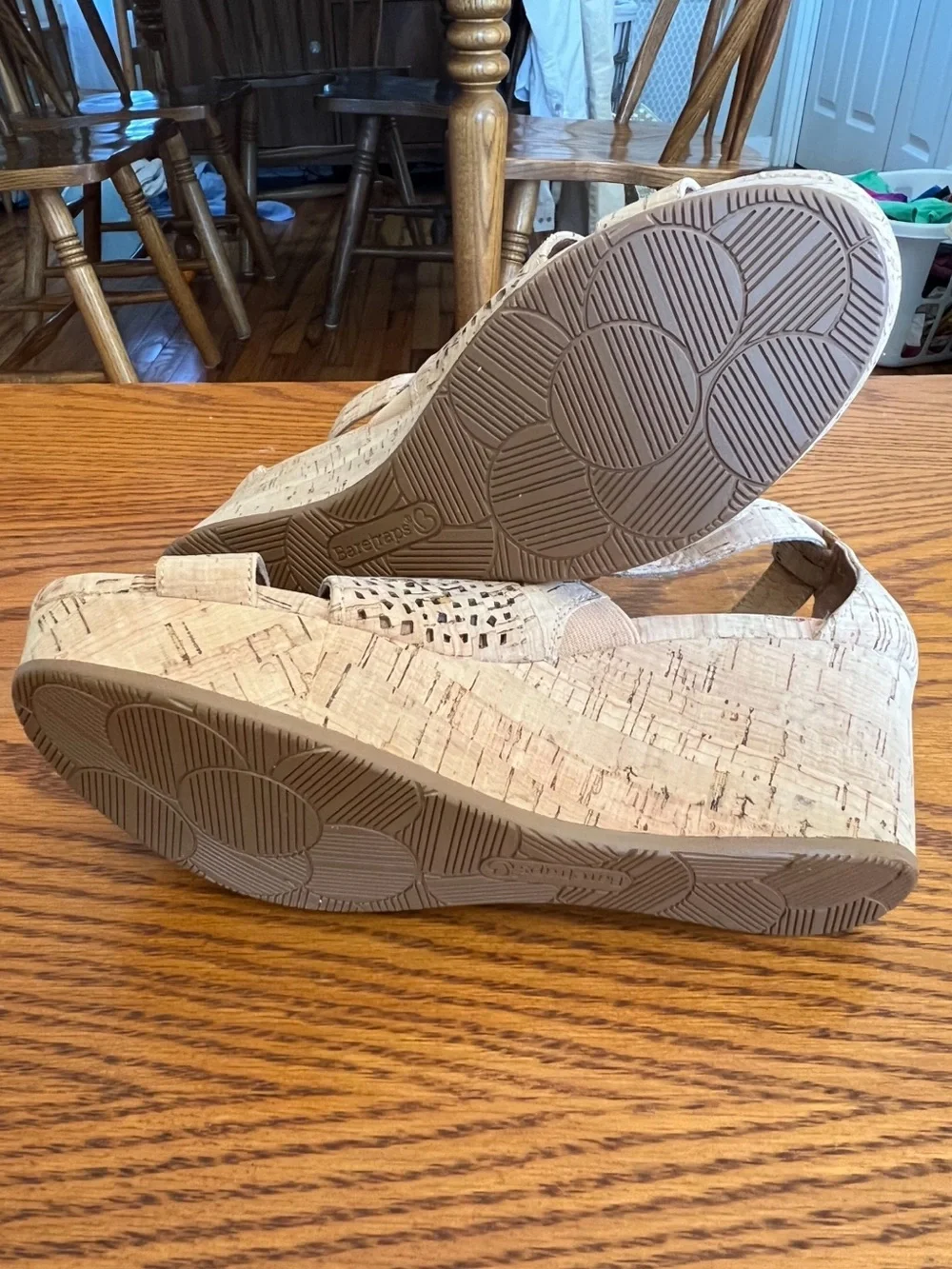 BareTraps tan Cork-Textured Perforated Ankle Strap wedges